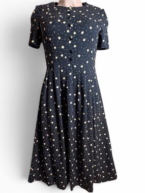 Vintage DW3 David Warren Black Daisy Floral Midi Dress 14